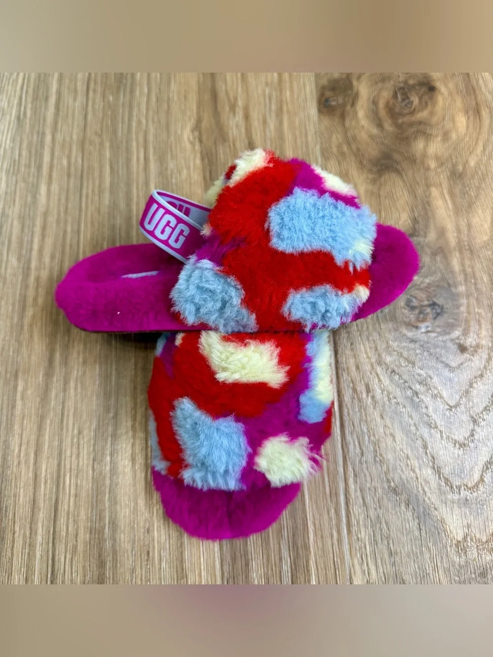 UGG Kids Fluffy Multicolor Slingback Slippers Pink Red Blue Youth Size 11
